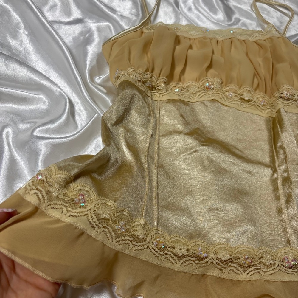 y2k vintage Cami Top Gold Lace Sequin Ruffle Twenty One Medium - Picture 2 of 6